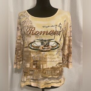 Beige 100% cotton Paris graphic “Cafe de M. Loure” coffee 3/4 sleeve blouse L